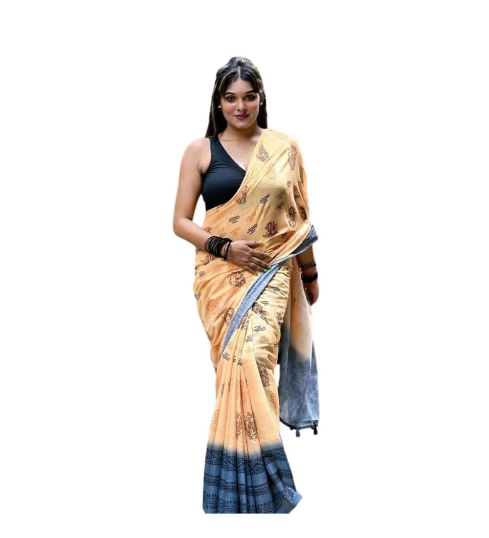 DARSHANS Women's Linen Printed Saree With Unstitched Blouse 5.5Mtr (Peach)-PID65212