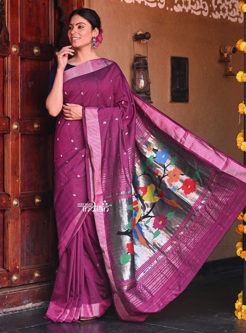 Dhun ~ Authentic Handloom Cotton Paithani in Wine Color with Silver Zari and Parrots Pallu