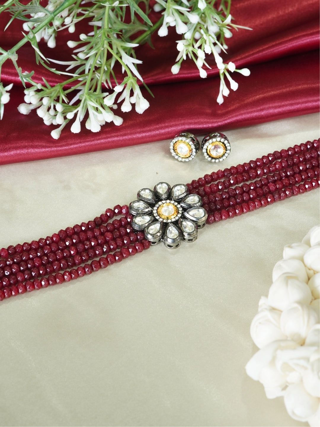 Rhodium Plated Floral Kundan & AD Maroon Choker Necklace Set