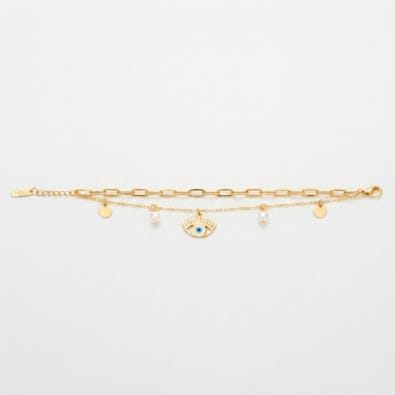 Layered Evil Eye & Pearl Charm Bracelet | Gold-Tone Anti-Tarnish Imitation Jewellery