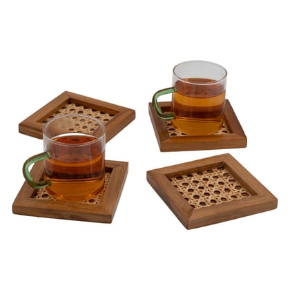Teak Wood Cane Coasters - Set of Four