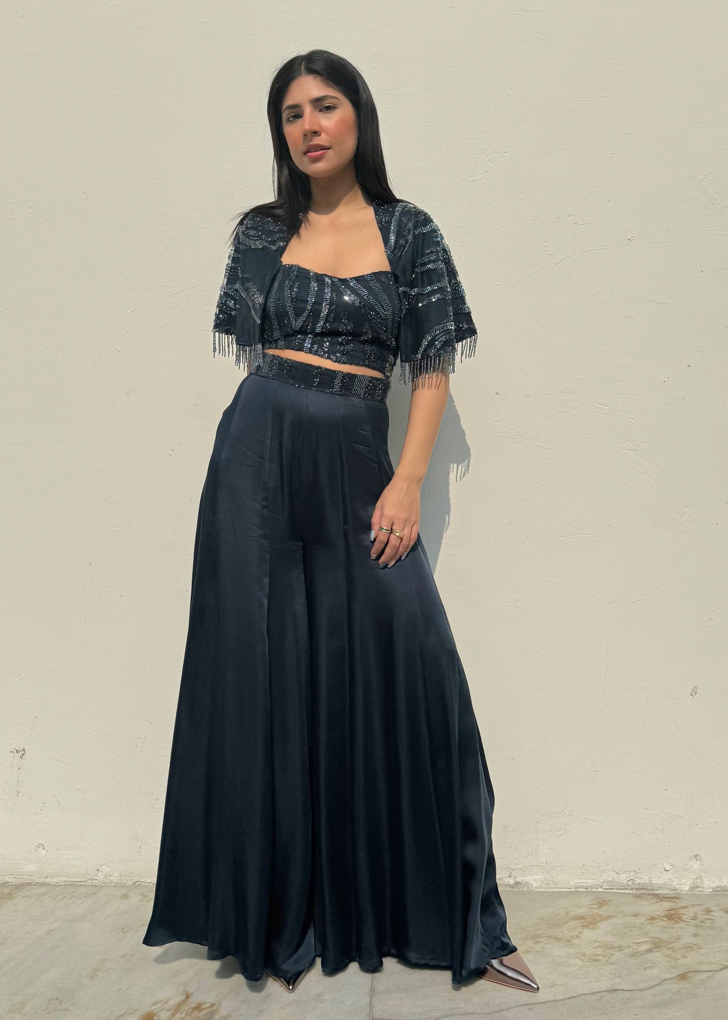 Blue Beaded cape co-ord set-Blue / XS / XS