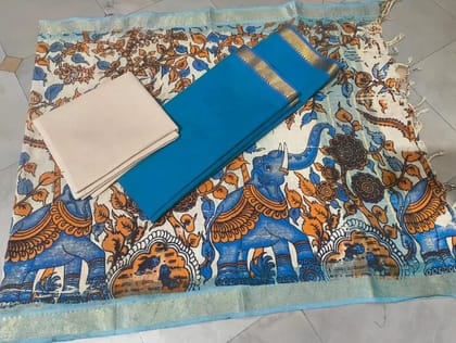 Blue Kalankari Duppata with Floral Patterns