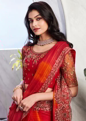 Orange And Red Designer Heavy Embroidered Saree