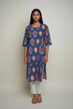 Block Print Cotton Kurti Blue Pink Gray Floral
