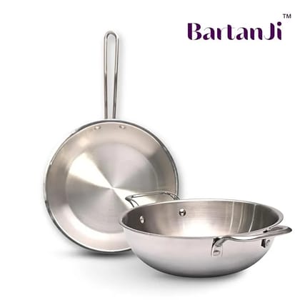 Triply Stainless Steel Cookware Set  3 Pcs | 24cm Kadhai with Lid, 22cm Fry Pan |3 Layer Greblon Coating Gas Stove Compatible Fast & Even Heating Silver Triply Steel Kitchen Utensils