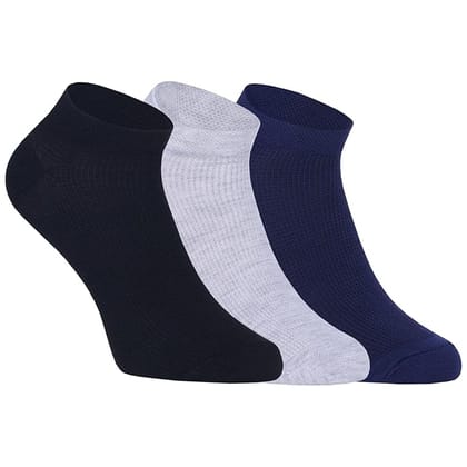 USOXO Men's Jacquard Design Plain Socks I Cushioned Combed Cotton Ankle Length I Padded Base & Anti-Bacterial I Comfortable Free Size Sock for Daily Workout Sports  Set of 3  Blue, Black, Light Grey