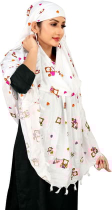 Shiv Textiles Ladies Summer Day Scarf Pure Cotton White Printed Design Soft Breathable Neck Wrap Headscarf Lightweight Sun Protection Stole Daily Wear Fashion Accessory