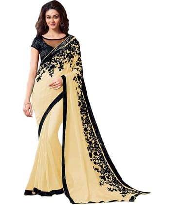 AV FASHION Chiffon Saree With Unstitched Blouse Piece ( Black,Beige )