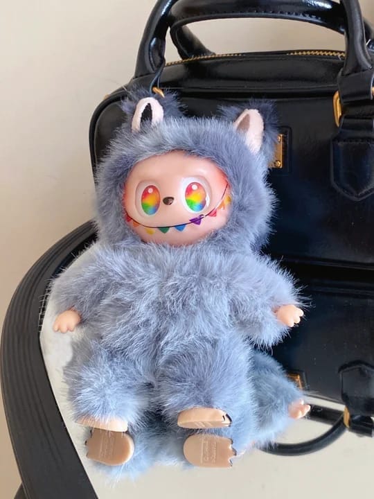 Labubu Doll Adorable Grey Furry Plush Figure with Rainbow Eyes