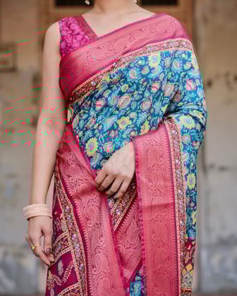 Teal Blue and Coral Tussar Silk Saree with Vibrant Floral Motifs and Ornamental Pallu-Regular