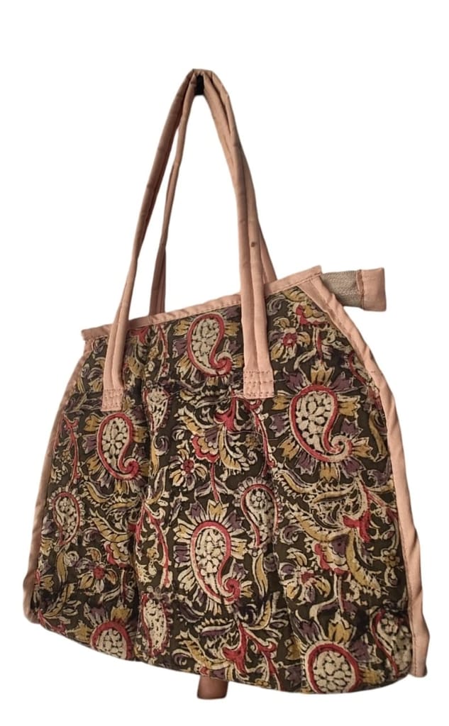 KALANKARI Handcrafted Paisley Print Cotton Tote Bag with Zipper Closure and Pink Lining