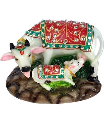 Fashion Bizz Handcrafted Marble Kamdhenu Cow Statue With Calf For Home Decor - 10 cm