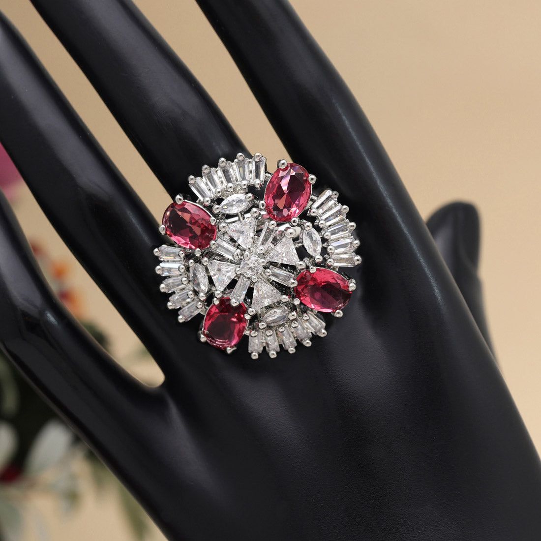 Rani Color American Diamond Finger Ring-Ring_Size_Adjustable | Diameter Length: 2.50 CM x Width: 2.50 CM / Rani / Brass With Good Quality Silver Plated
