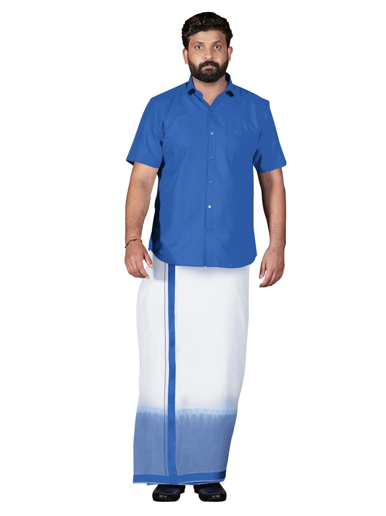 Blue Two Tone Double Dhothie + Shirt Set Half Sleeve 43005-38
