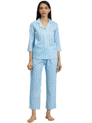Women's Casual Three-Quarter Sleeve Floral Printed Rayon Shirt with Pyjama Pant Night Suit Set Size L (Blue)