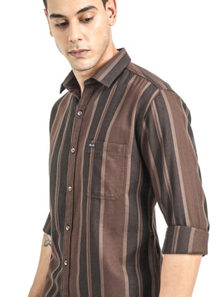 Men's Slim Fit Vertical Thick Striped Casual Pure Cotton Shirt | Rick Rogue-Brown / L/40
