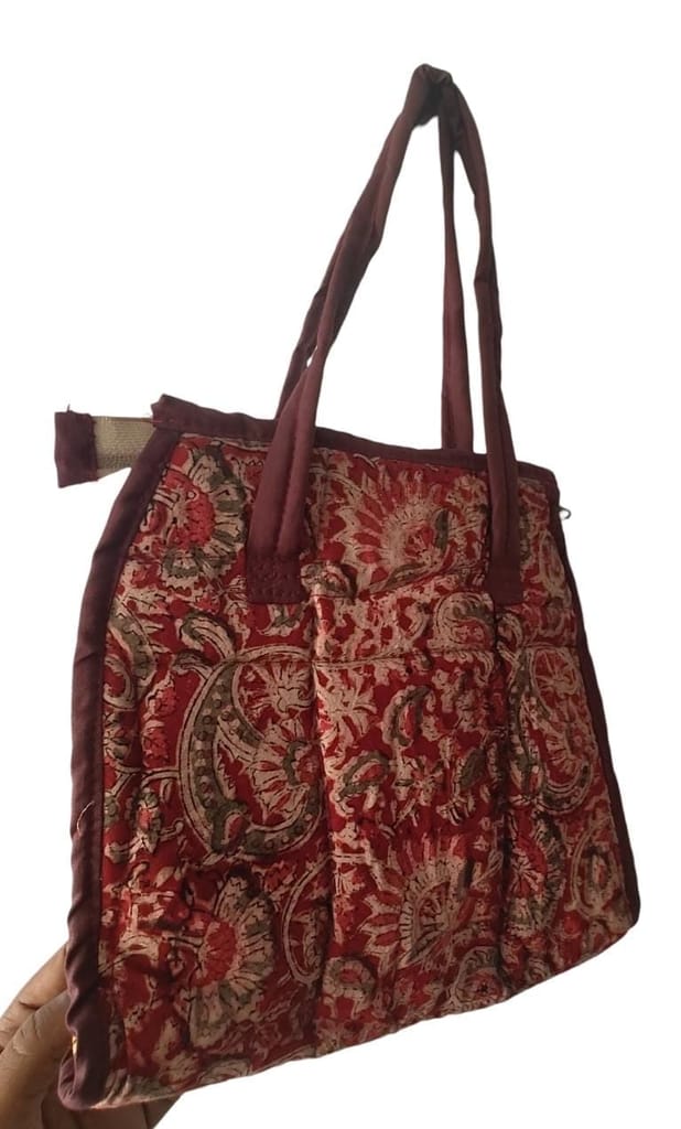 KALANKARI Handcrafted Quilted Cotton Tote Bag with Floral Print and Zipper Closure
