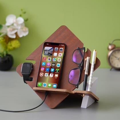 eCraftIndia Brown Wooden Multiutility Mobile, Watch, Specs, Pen, Visiting Card Holder Desk Accessory