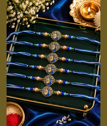 Rhosyn Religious 6 Peacock Designer Rakhis 1 Greeting Card 1 Small Roli, Chawal, Chandan & Mishri Pack Adjustable Rakhi ( Pack of 6 , Blue )