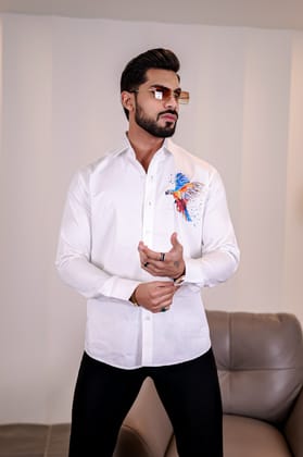White Club Wear Bird Printed Satin Cotton Shirt