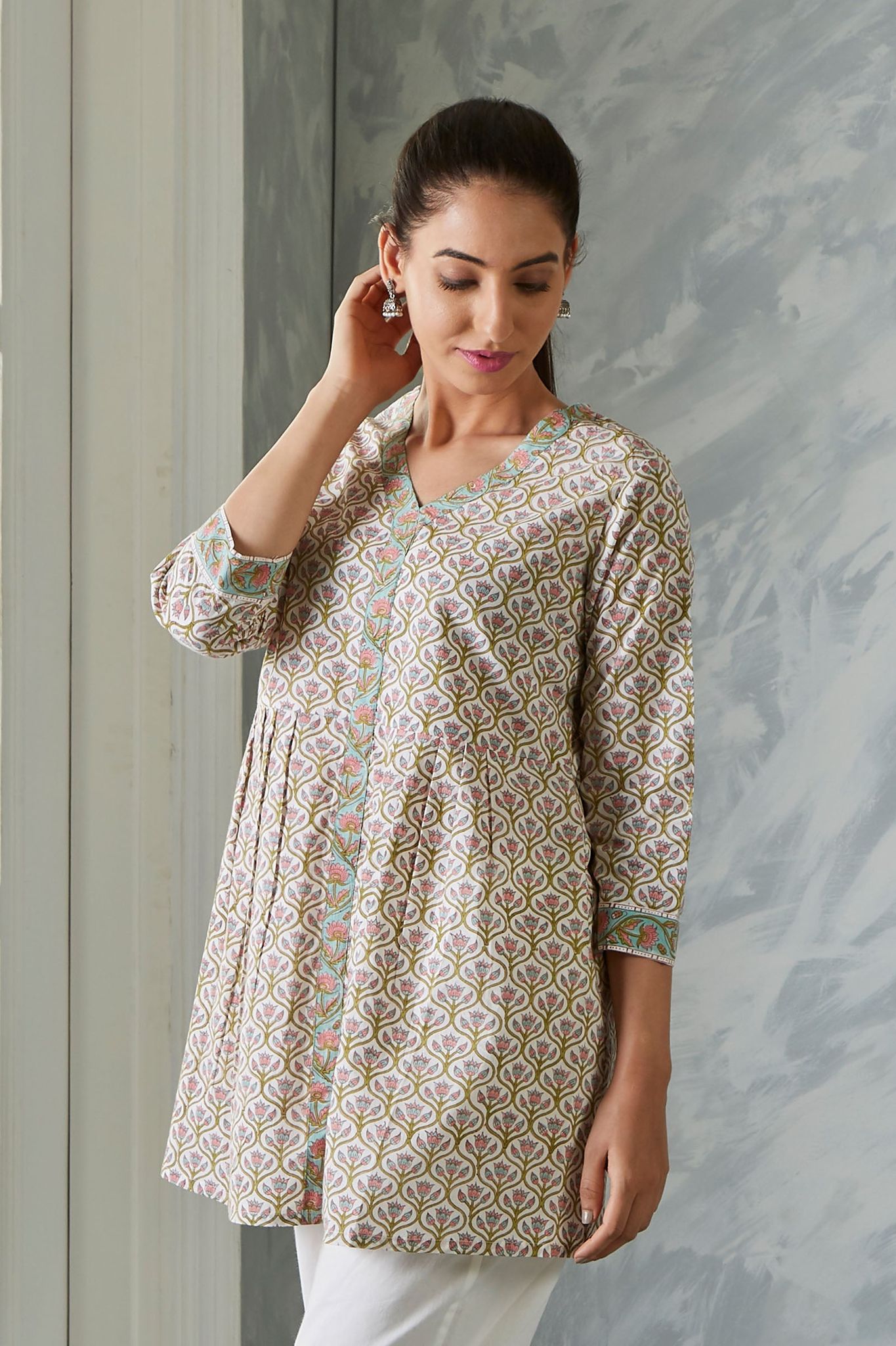 Gayatri Kamal Pink Pintuck Hand Block Print Top-S / Yellow / Yellow
