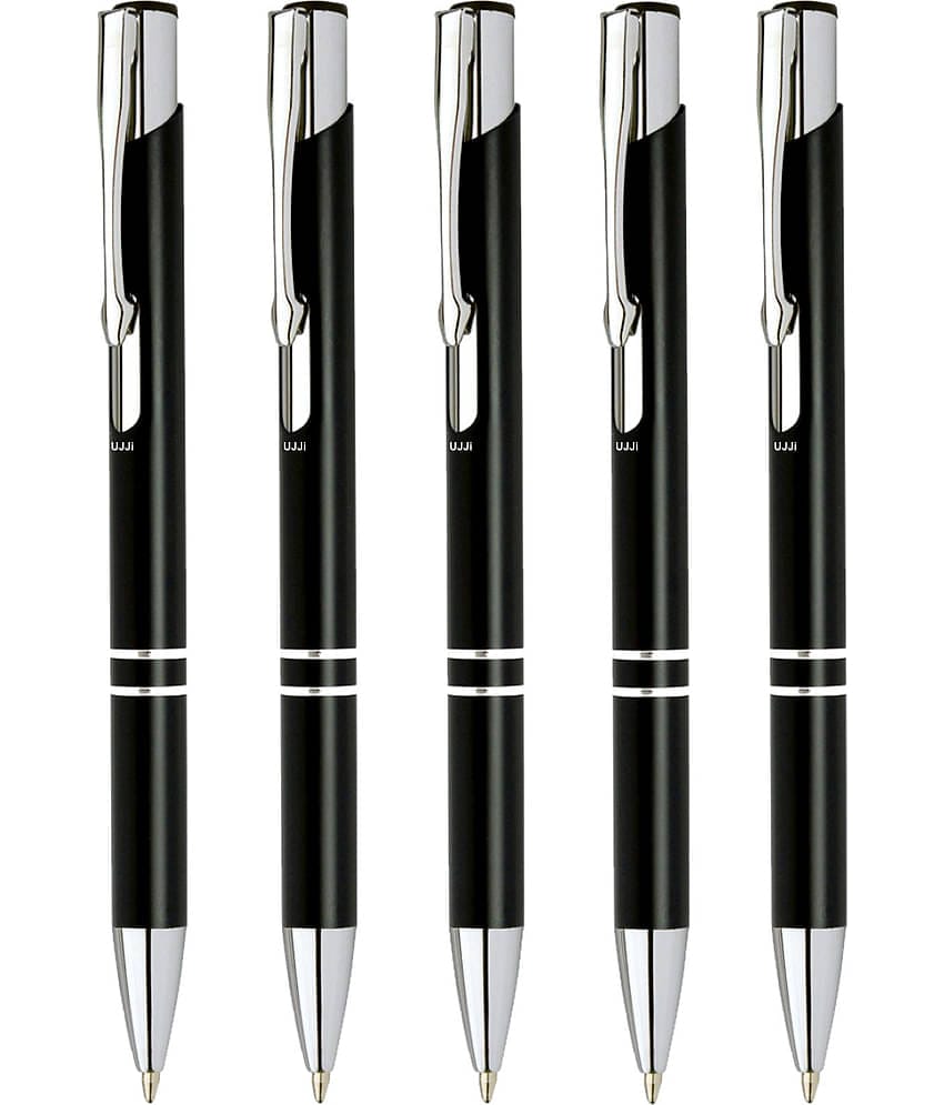 UJJi Gloss Black Color Retractable Pack of 5pcs (Blue Ink) Ball Pen