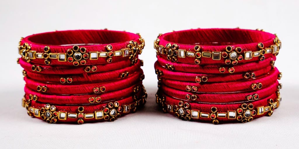 Set of 16, Pink Silk Thread Bangle with Rhinestone