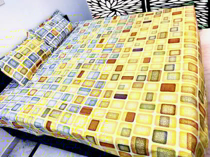 100% Cotton Satin 250 TC Printed Multicolor Double Bedsheet with 2 Pillow Covers – Yellow - 90 X 100 Inches (7.5 x 8.3 Feet) by Omkar by R3 Inc.