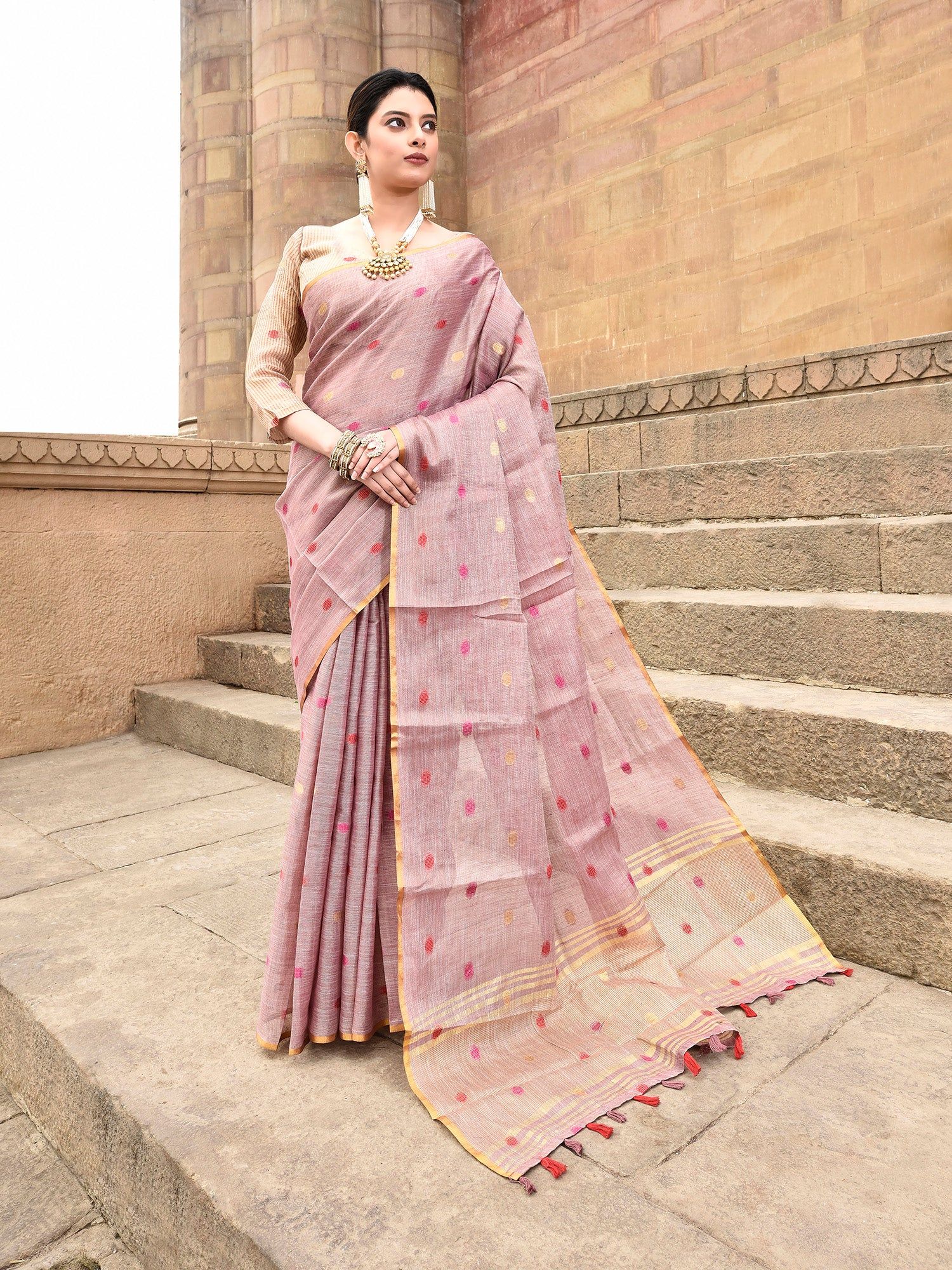 Dusty Pink Pure Linen Tissue Multicolor Polka Dots Weaving Saree