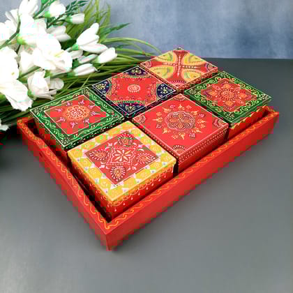 Serving Tray Wooden With Six Boxes & Lid | Mutipurpose Organizer Tray - For Dining Table, Kitchen , Organization & Gifts
