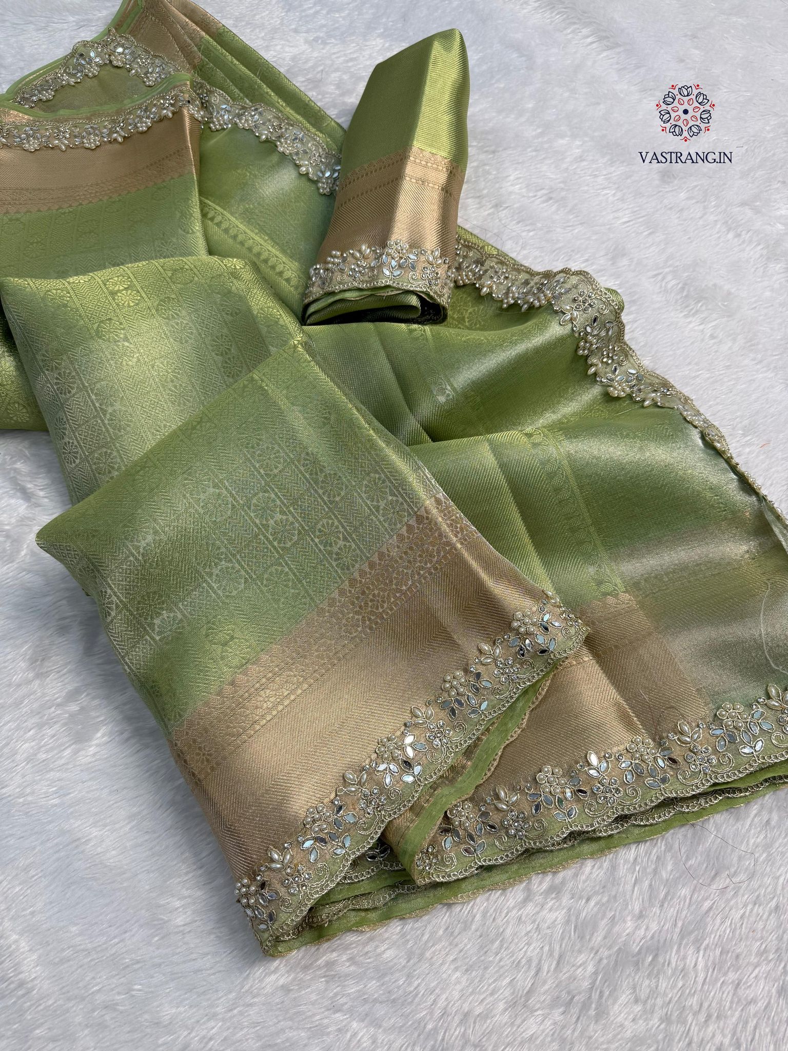 New Function Wear Pista Color Banarasi Tissue Silk Jacquard Zari Weaving Work Fancy Designer Saree