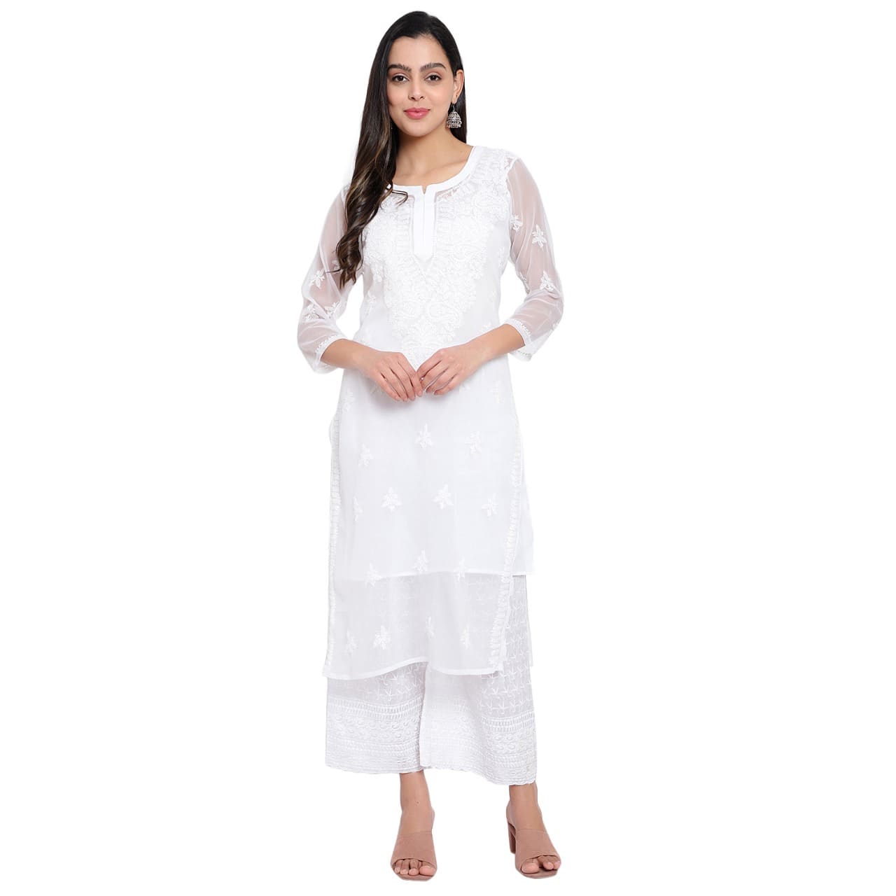 MRS RIGHT CHIKANKARI WHITE GEORGETTE KURTI