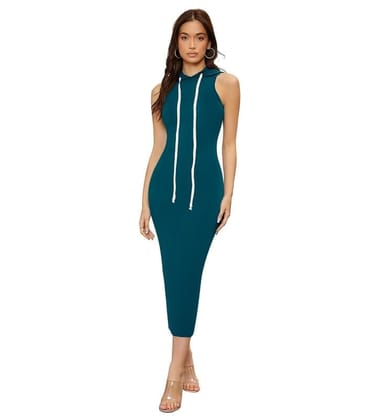 Women's Knitting Stretchable Solid Round Neck Sleeveless Dresses (Blue, M)-PID56812