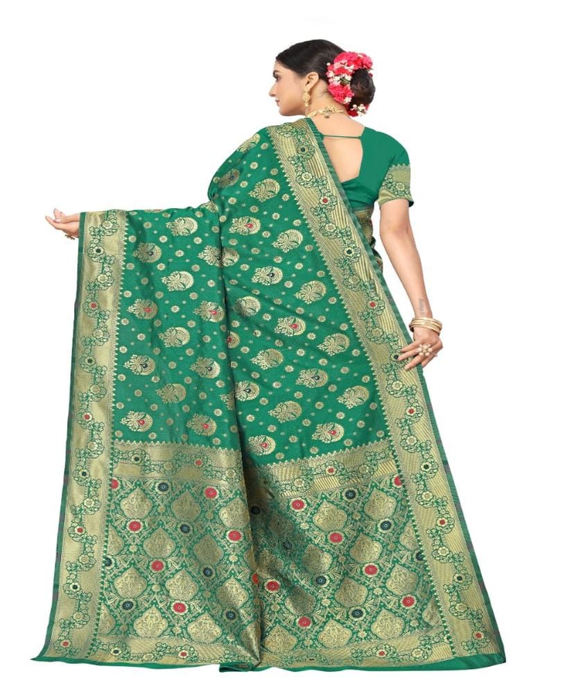 Women's Banarasi Silk Designer Weaving Saree with Unstitched Blouse (Green, 5.50 Mtrs)