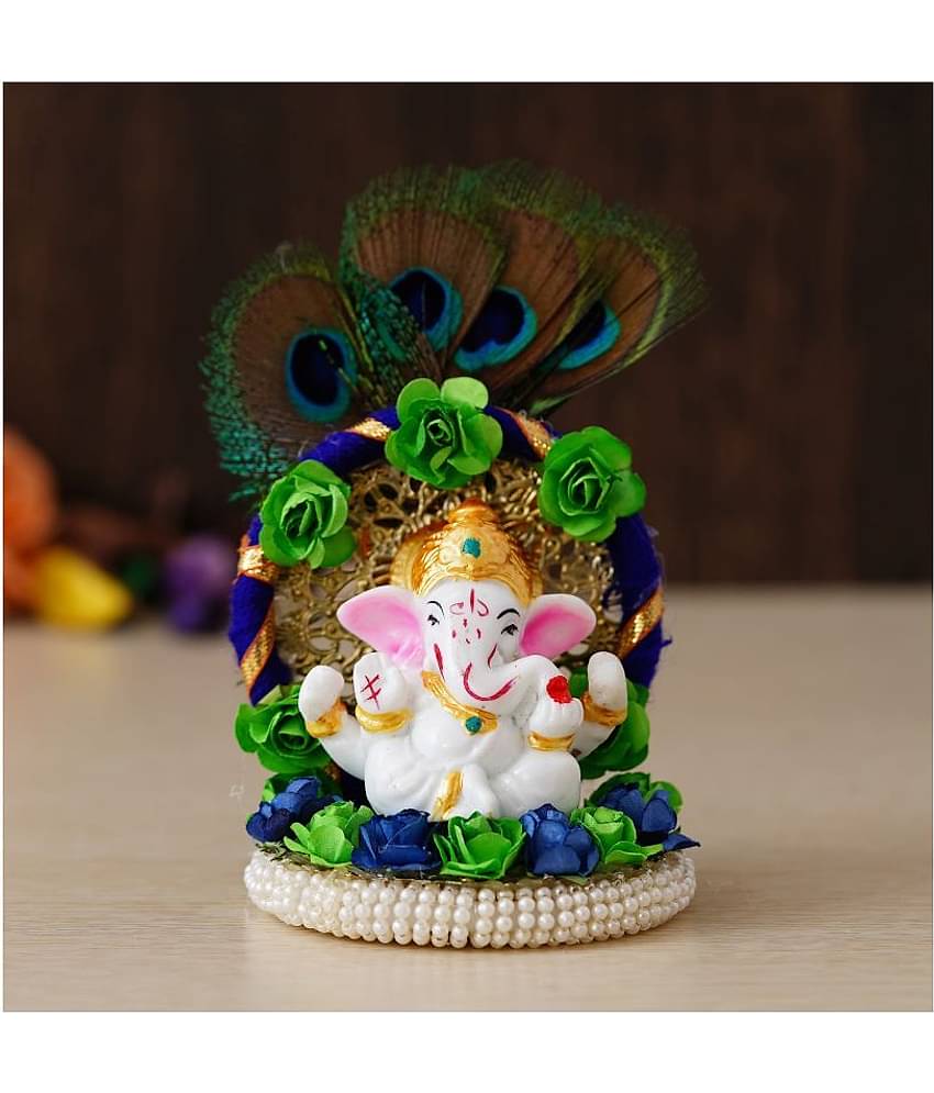 eCraftIndia Blue & Green Handcrafted Lord Ganesha Idol On Floral Plate with Peacock Feather Decorative Showpiece