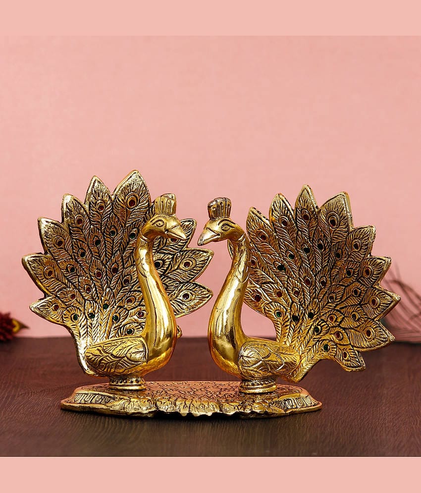 eCraftIndia Gold-Toned Loving Swan With Feather Couple Decorative Metal Figurine Showpiece