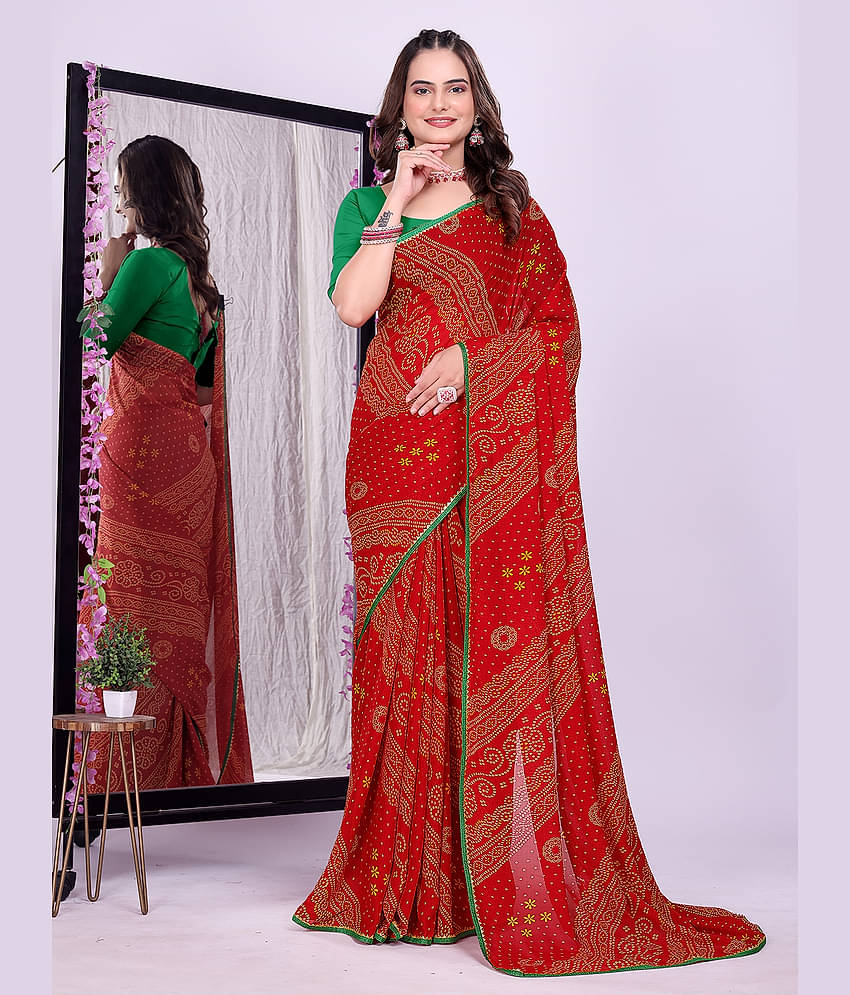 Kanooda Prints Georgette Printed Bandhani Sarees With Unstitched Blouse Piece ( Multicolor 1 )