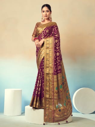 Maroon Poly Viscose Georgette Zari Work Paithani Saree