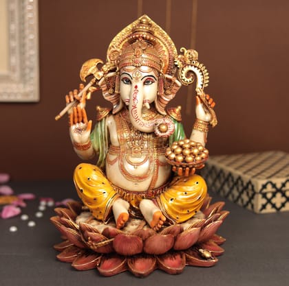 Hand Painted Lotus Ganesha Idol In 12"-12 Inches / Multicolor / Resin (Marble Dust)