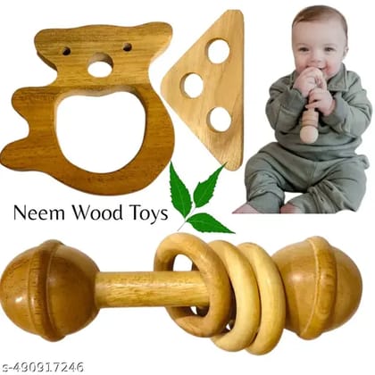 Gift Perfect: Neem Wood Teether Set & Natural Rattle Duo by Shreeja Shilpcraft