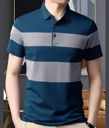 AOOSH Pack of 1 Cotton Blend Regular Fit Colorblock Half Sleeves Men's Polo T Shirt ( Teal Blue )