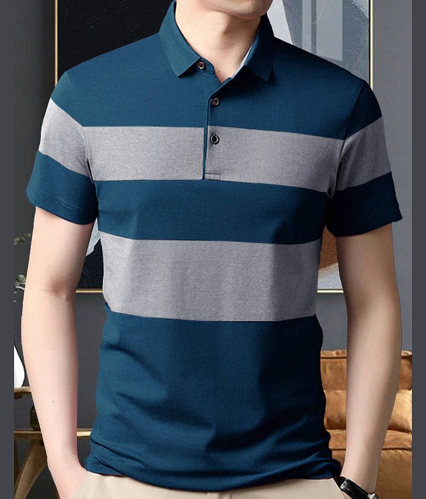 AOOSH Pack of 1 Cotton Blend Regular Fit Colorblock Half Sleeves Men's Polo T Shirt ( Teal Blue )