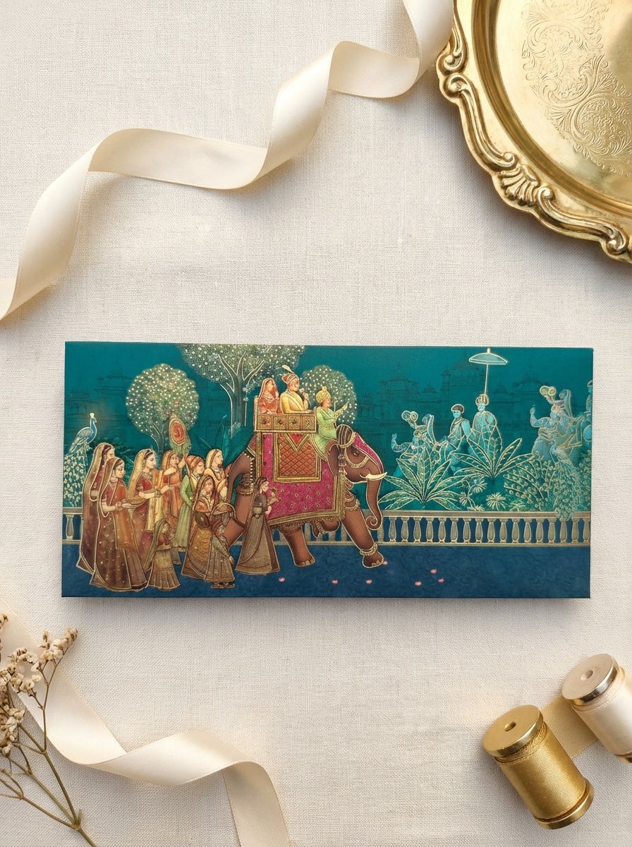 Teal Procession Money Envelope – Premium Designer Shagun Envelope for Wedding & Festive Gifting