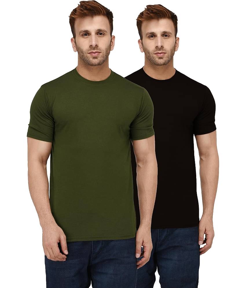 LONDON HILLS Cotton Blend Regular Fit Solid Half Sleeves Men's Round T-Shirt - Olive ( Pack of 2 )