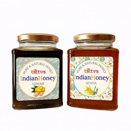 IndianHoney Rajasthan Acacia & Ginger Honey Combo (Pack of 2) | Pure & Natural | 1kg (500g Each) | Unprocessed & Unfiltered Natural Sweetener