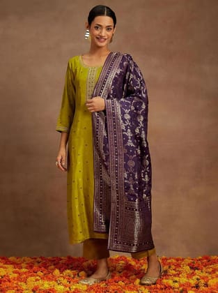 Womens Kurta Pent Dupatta Set Mustard Swaroski Suit