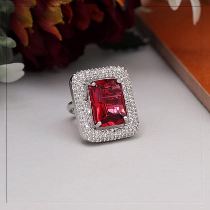 Ruby Color American Diamond Finger Ring (ADR601RUBY)-Ring_Size_Adjustabl / Ruby / Brass With Good Quality Silver Plated