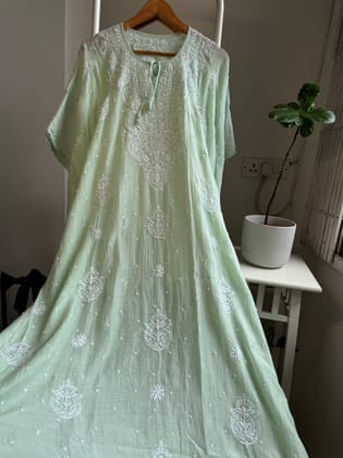 Mul Chanderi Chikankari Kaftan - Green-Green / Mul Chanderi