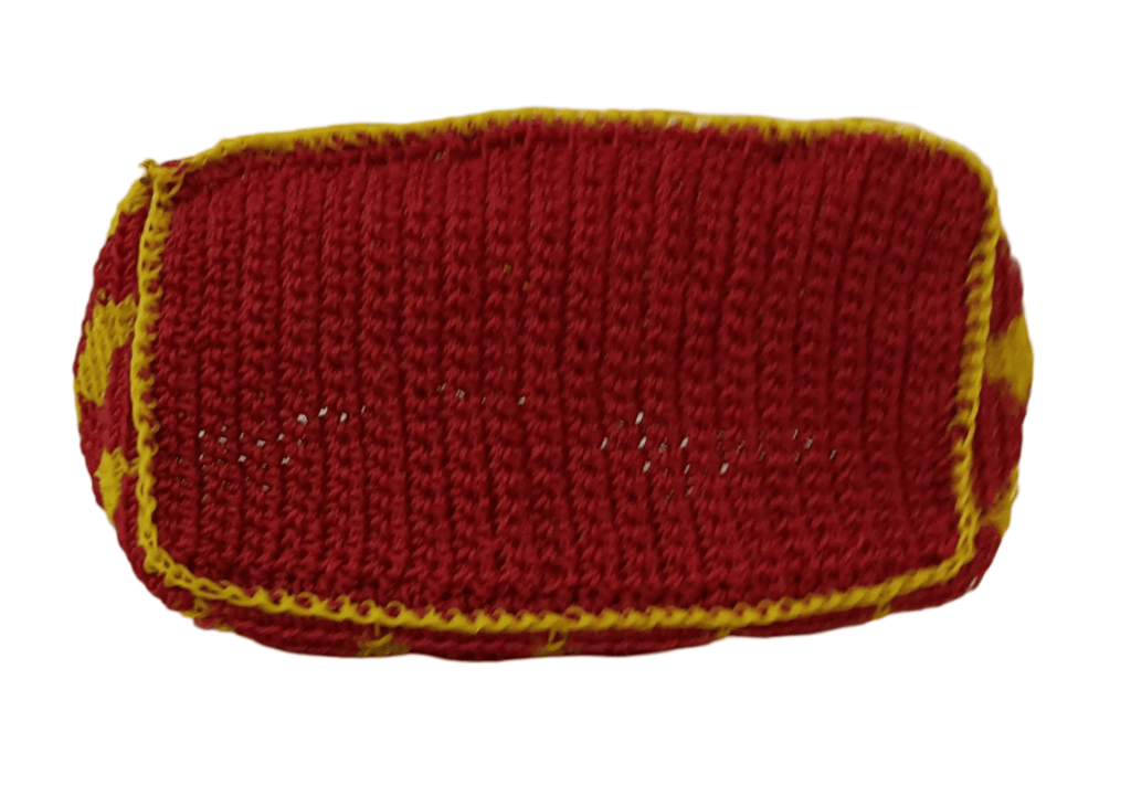 "Handcrafted Jute Tote Bag with Vibrant Red and Yellow Stripes, Perfect for Eco-Friendly Shopping and Everyday Use"